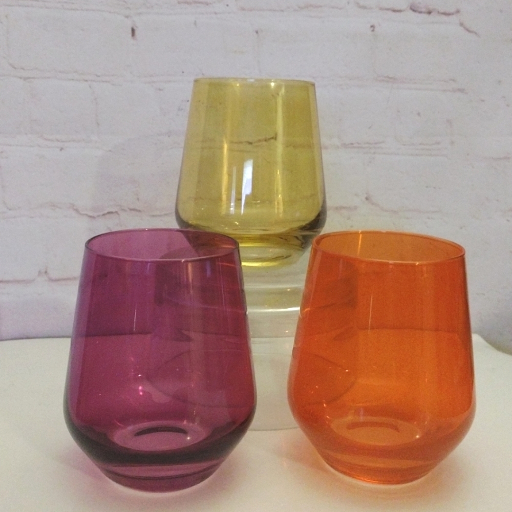 Lenox Tuscany Harvest Stemless Wine Glasses Tumblers Orange Yellow Purple Pink